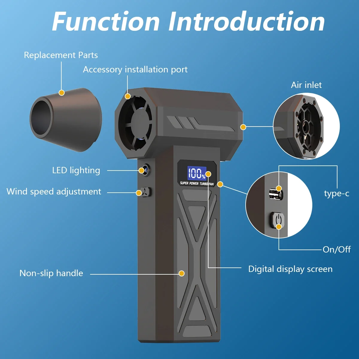 Cordless Turbo Blower with LED Light and Battery Display