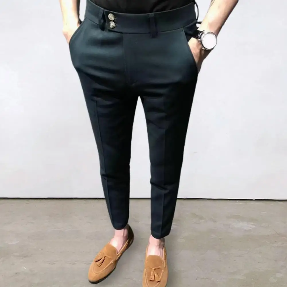 Trendy Ninth Suit Pants Office Slim Fit Wear-resistant Zip Up Ninth Suit Pants  Ankle Length Ninth Trousers Male Garment 4