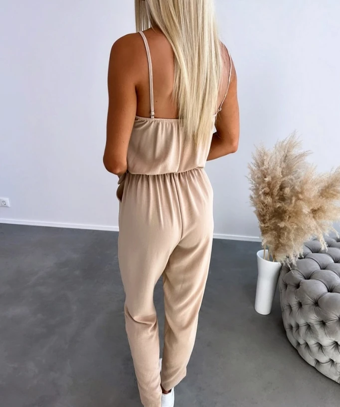 Women's Jumpsuit 2024 Spring/summer Latest Casual V-Neck Lace Trim Spaghetti Strap Tied Detail Pocketfit Daily Romper Bodysuit
