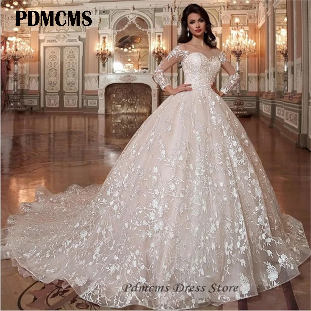 

Elegant Lace Appliques Wedding Dresses 3D Flower Bridal Gowns Long Sleeve Sexy Bride Princess Marriage Dresses Vestidos De Novia