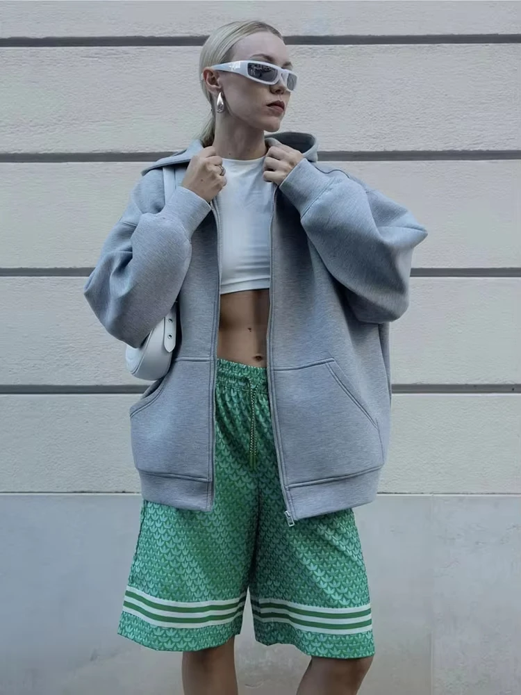 HH Autumn Women Casual Loose Oversize Sweatshirts Hooded Zipper Hoodie Jacket Coat Solid Fashion Women's Cardigan Top