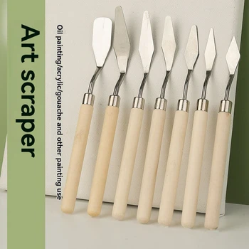 Raschietto per pittura a olio artistico, testa piatta in legno, coltello da tiro in acciaio inossidabile, spatola per miscelazione colori a punta, vernice a guazzo 1