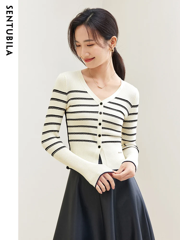 

SENTUBILA Contrast Striped Cardigans for Women Knitwear 2023 Autumn Clothes Knitted Sweater Long Sleeve Knit Top Elegant Jumpers