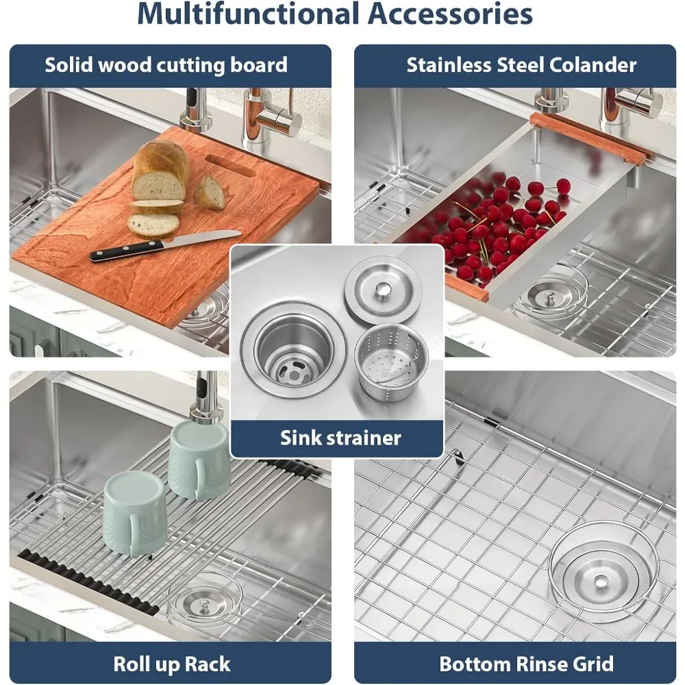 NEW-33 Drop In Kitchen Sink Workstation 33x22 Kitchen Sinks Drop In Stainless Steel 16 Gauge Single Bowl Handmade Topmount Sink