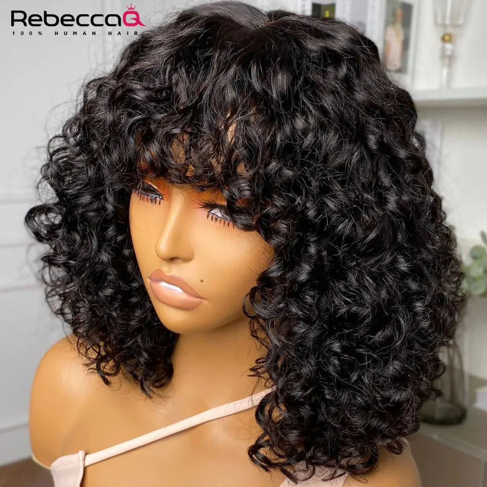 Jerry Curly Human Hair Wigs with Bangs Full Machine Made Wigs Highlight Honey Blonde Colored Wigs Peruvian Remy Hair