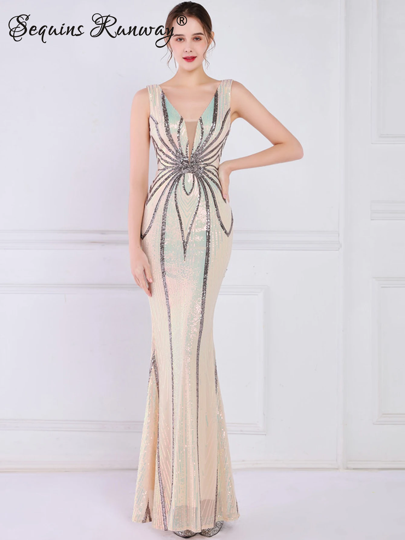 فستان صيفي نسائي مثير أسود أبيض طويل مزين بالترتر...