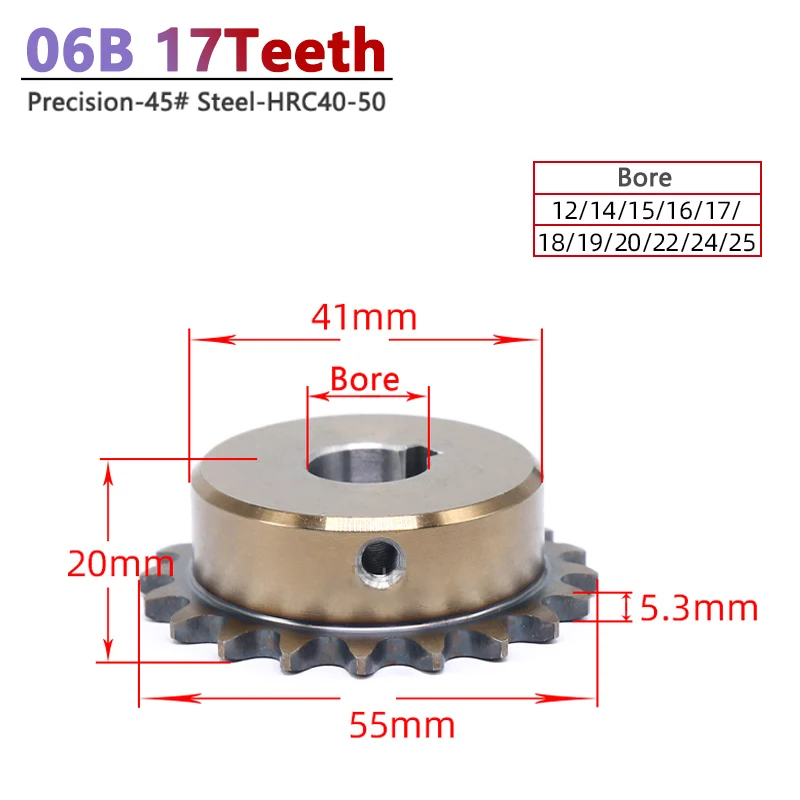 

1pc 06B 17 Teeth Precision Industrial Drive Sprocket Wheel 45# Steel Chain Gear Keyway Bore 12 14 15 16 17 18 19 20 22 24 25mm