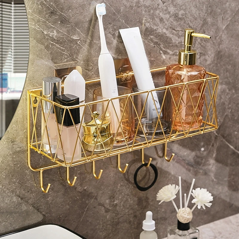 Bathroom Shelf No Drill Wall-Mounted Golden Iron Toiletries Storage Rack With Hook For Shampoo Shower Gel Organizer Shower Shelf 3