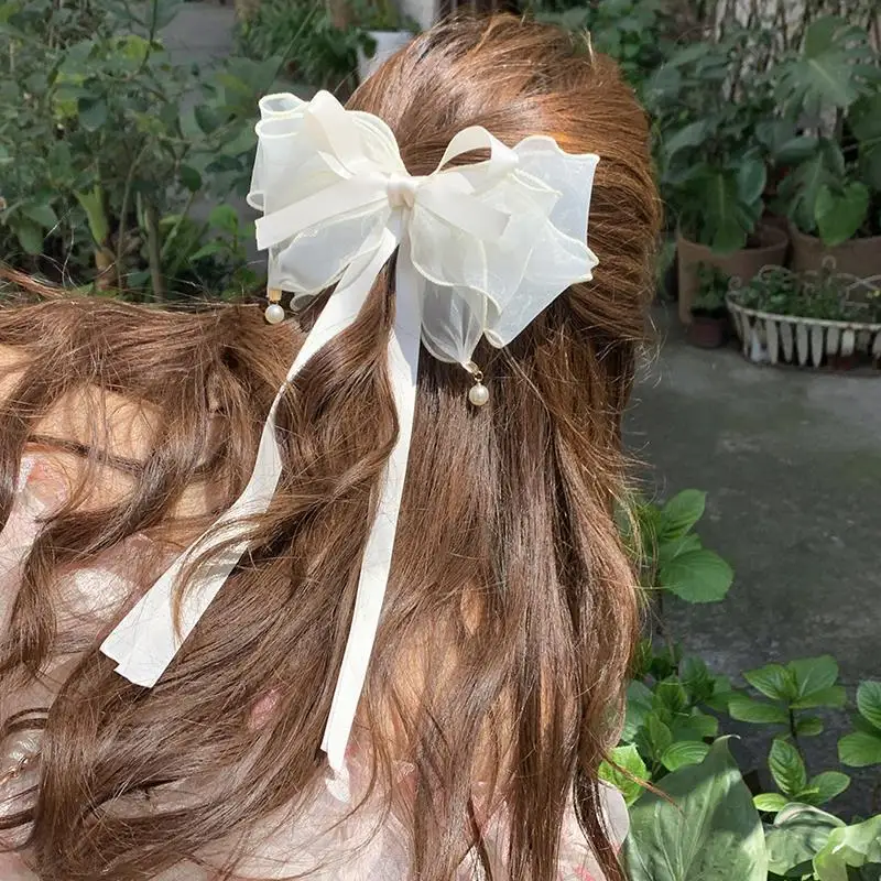 2023 sommer Süße Bogen Haar Clip Für Mädchen Lange Band Bogen Haarspange Für Frauen Weiß Bowknot Barrettes Perle Haarnadel headwear