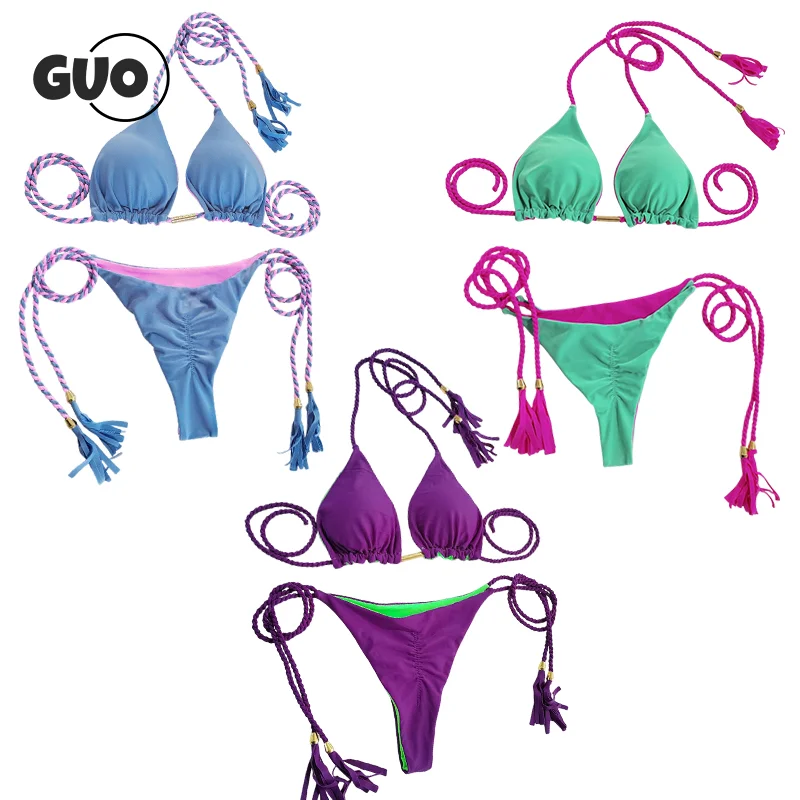 Sexy Contrasting Colors Halter String Triangle Two Piece Bikini Trendy Women's Lace-up Swimsuit Summer Separate Beach Wear 5