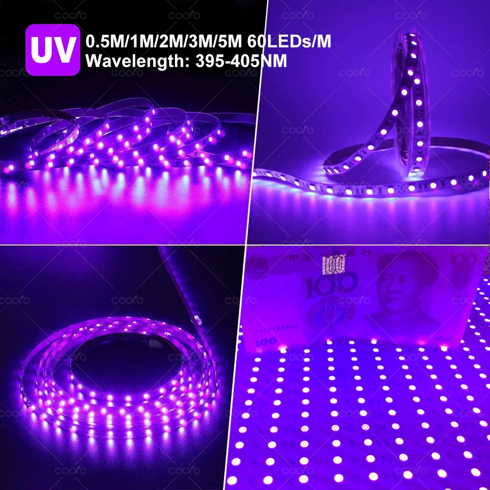 UV LED Light Strip Flexible LED Strip Light Ultraviolet UV Lamp 395-405nm Black Light 2835 SMD DC5V LED Ribbon For Glow Party 3