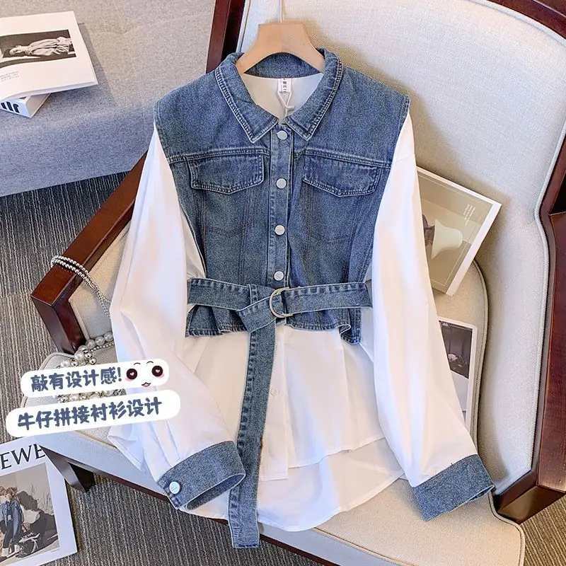 

Spring Autumn Casual Denim Patchwork Shirt Women's Clothing Commute Turn-down Collar Stylish Sashes Basic Single-breasted Blouse