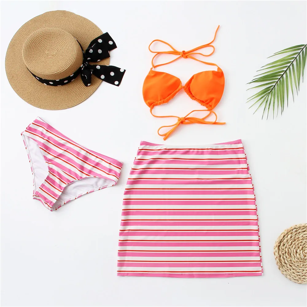 SKMY 2023 New Summer Clothes Halter Neck Bandage Bras Striped Shorts And Skirt Three Piece Set Women Outfit Beach Party Clubwear