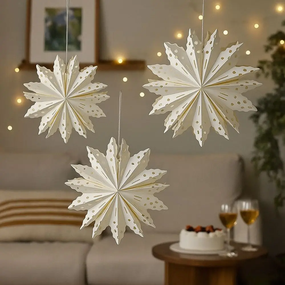 White Christmas Snowflake Ornament DIY 3D Hollow Out Star Paper Lantern Handmade Hollow Star Decoration New Year Decor