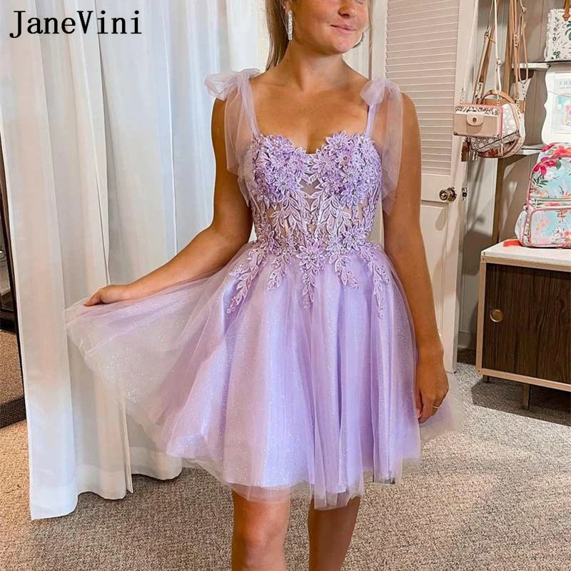 JaneVini-Vestidos Femininos Lilás Lace Appliqued Homecoming, Curto, Mini Frisado, Elegante, Roupa de Festa, Ilusão Sexy, Vestido de Coquetel Tule