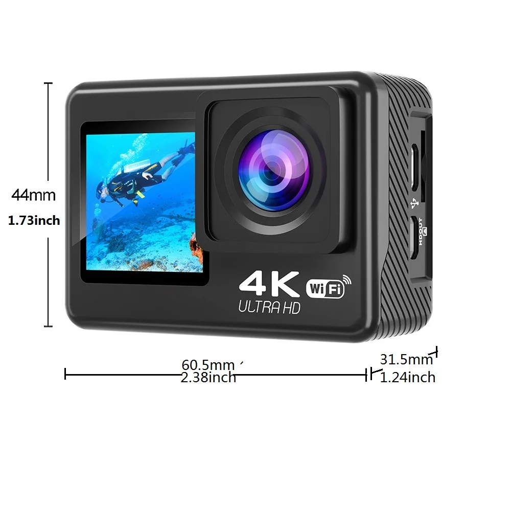 액션 카메라 4K/30FPS 듀얼 스크린 수중 방수 카메라 원격 제어 WiFi 헬멧 스포츠 비디오 레코더