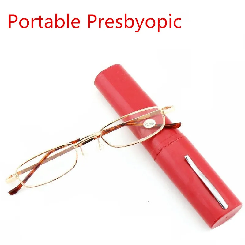 

Unisex Reading Glasses with Pen Tube Case Portable Presbyopic Glasses Metal Case Spring Hinge Eyeglasses Vision Care +1.00~+4.00