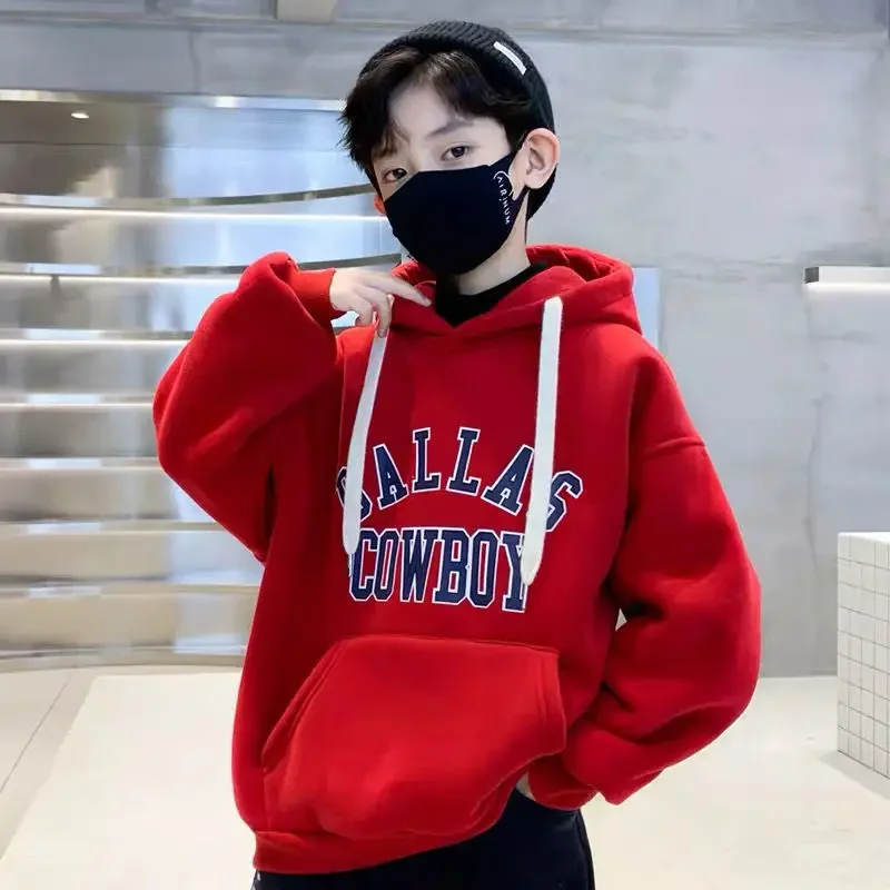 

2024 Spring Autumn Teen Boys' Hooded Sweatshirts Drawstring Loose Causal Letter Printing Korean Pullover Top 5-12 Years Old