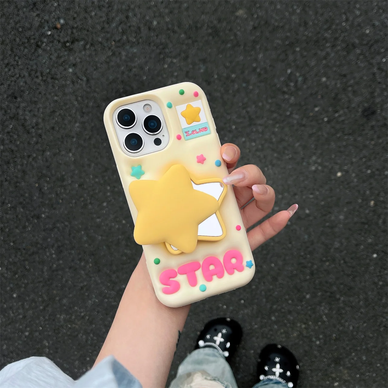 Cute Star Mirror Silicone Phone Case with Holder & Stand - Shockproof Cover