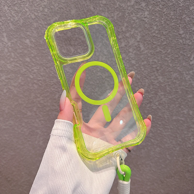 Heavy Duty Clear Shockproof Magnetic Phone Case with Magsafe Charging and Lanyard Attachment