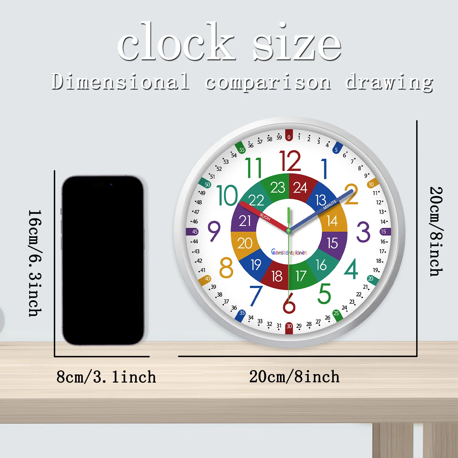 8inch Creative Colorful Digital Pattern Plastic Glass Teaching Wall Clock Living Room Bedroom Kitchen Home Decoration Wall Clock Silent Quartz Holiday Gift