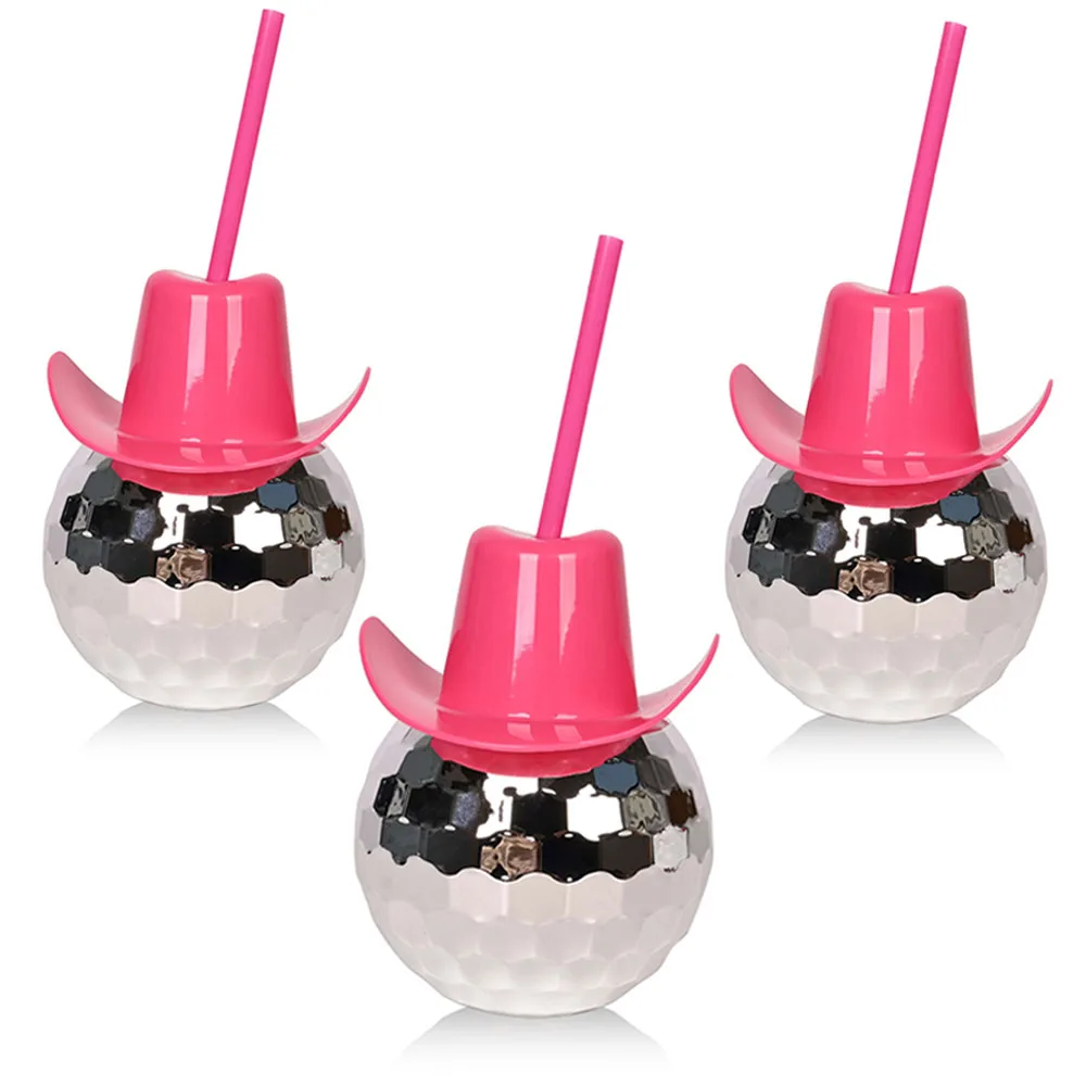 

3pcs Disco Ball Drinking Straw Cup with Pink Hat 1970s Bar Dance Cowgirl Cowboy Party Supplies Disco Themed Birthday Decorations