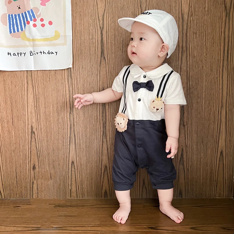 Summer Baby Boy Gentleman Romper With Bowtie Vintage  Baby Clothes Bear Cartoon Jumpsuit Birthday Party Photography Outfit 2