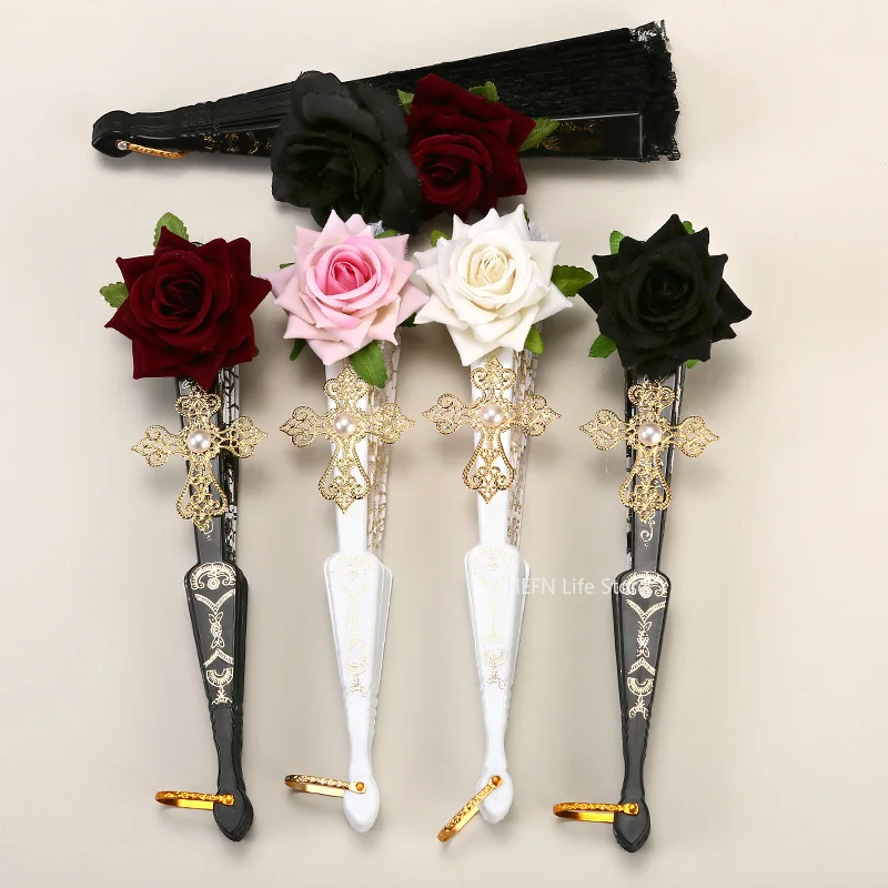 Lolita Gothic Fan Victorian Female Lace Hand Fan Vintage Black White Red Rose Bamboo Fans Cosplay Halloween Party Supplies
