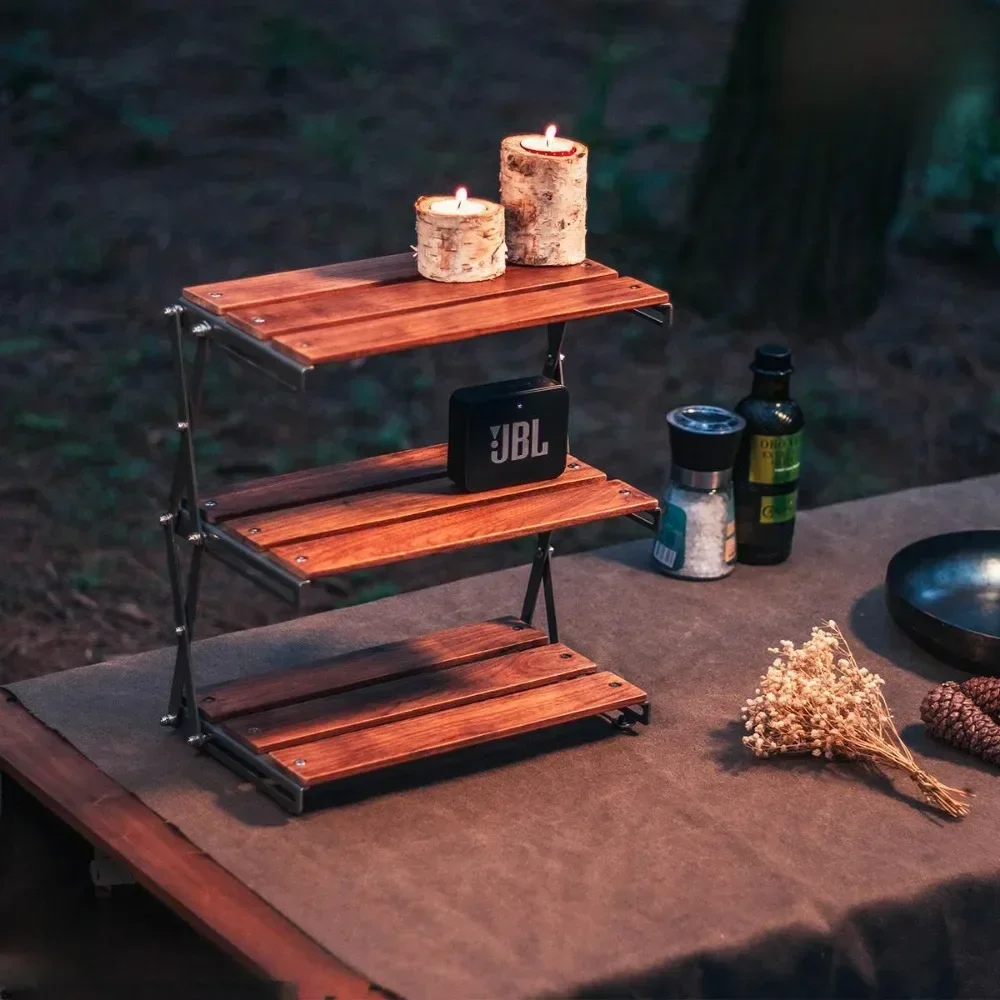 رف محمول قابل للطي للتخييم ، رف تخزين متعدد الوظائف ، رفوف خشبية خارجية ، تركيب مجاني ، 3 طبقات