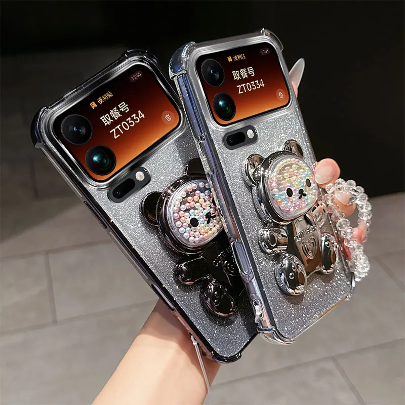 Shockproof Phone Case with 3D Bear Stand and Glitter Crystal Chain Lanyard
