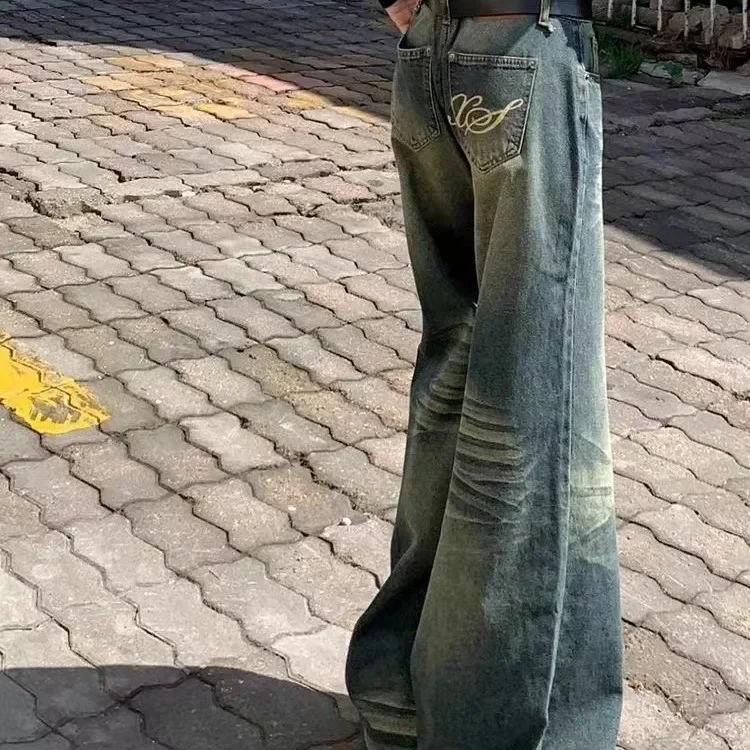 Harajuku Fashion Wide Leg Pants Baggy Full Length High Street Streetwear Denim Jeans Print Pockets Straight Women Casual Retro