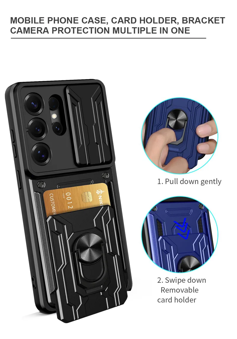 Heavy Duty Armor Shockproof Phone Case with Slide Lens Protector and Card Slot Holder