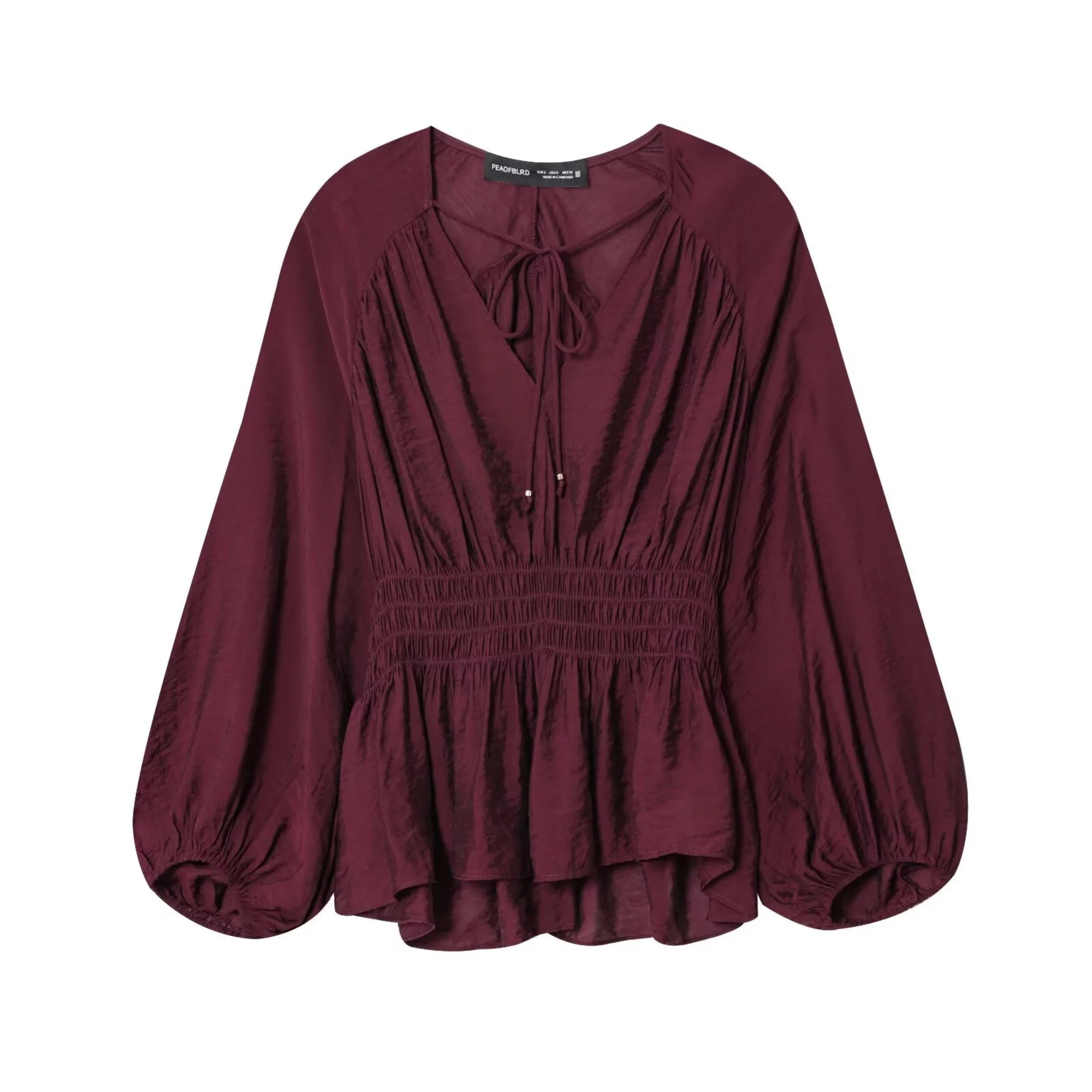 2025 Autumn Women's Casual Fashion Simple Blouse Temperament Versatile V-Neck Drawstring Design Pleated Long Sleeves Shirt Top