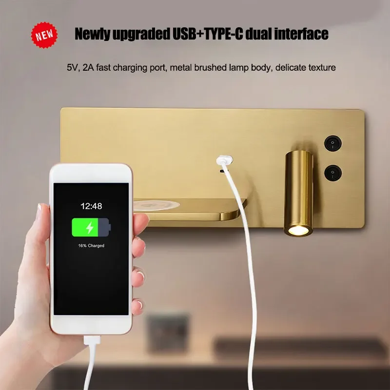 Gold Luxury Reading Wall Light Home Hotel Bedroom Wireless Charger