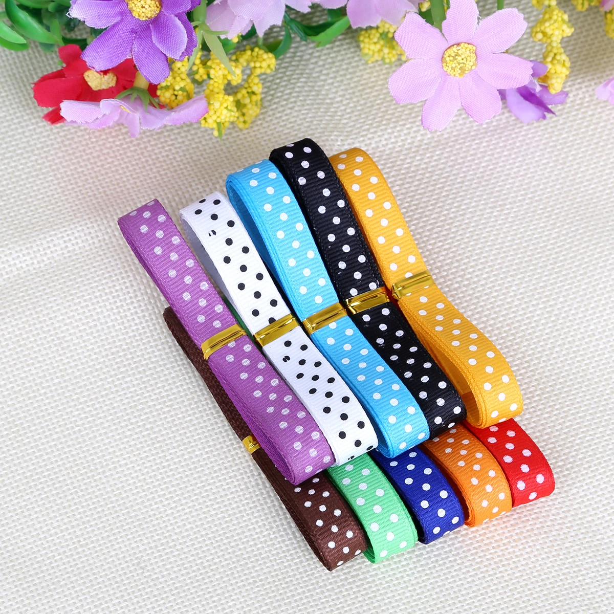 10mm 10/12Yard Random Mix Colorful Dot Printed Satin Threaded Ribbon DIY Handmade Head Wreaths Hair Wedding Party Gift Packing