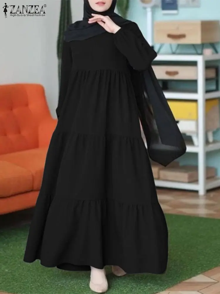

Eid Abayas для женщин мусульманский модный хиджаб длинное платье Турция Дубай Abaya ZANZEA с длинным рукавом однотонное женское платье Исламская одежда