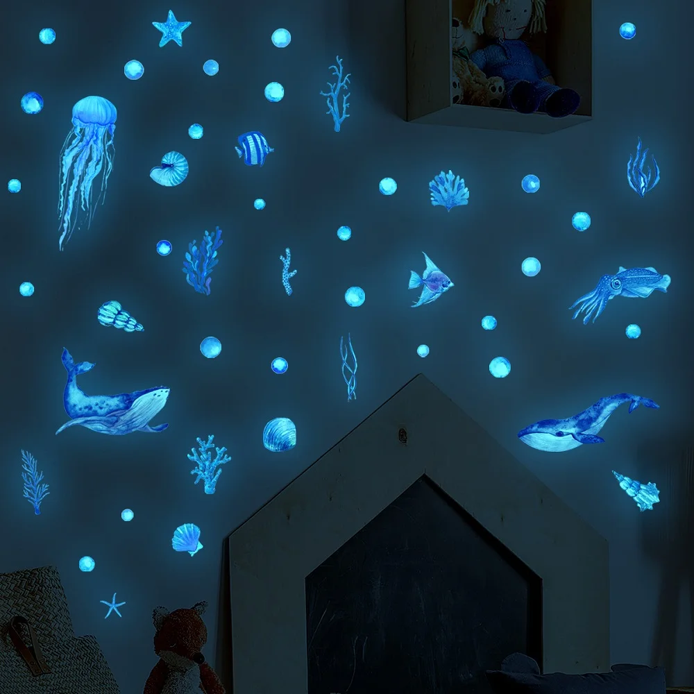 Blue Fish Luminous Wall Stickers Glow In The Dark Underwater World Wall Decals For Baby Kids Rooms Nursery Bedroom Home Decor