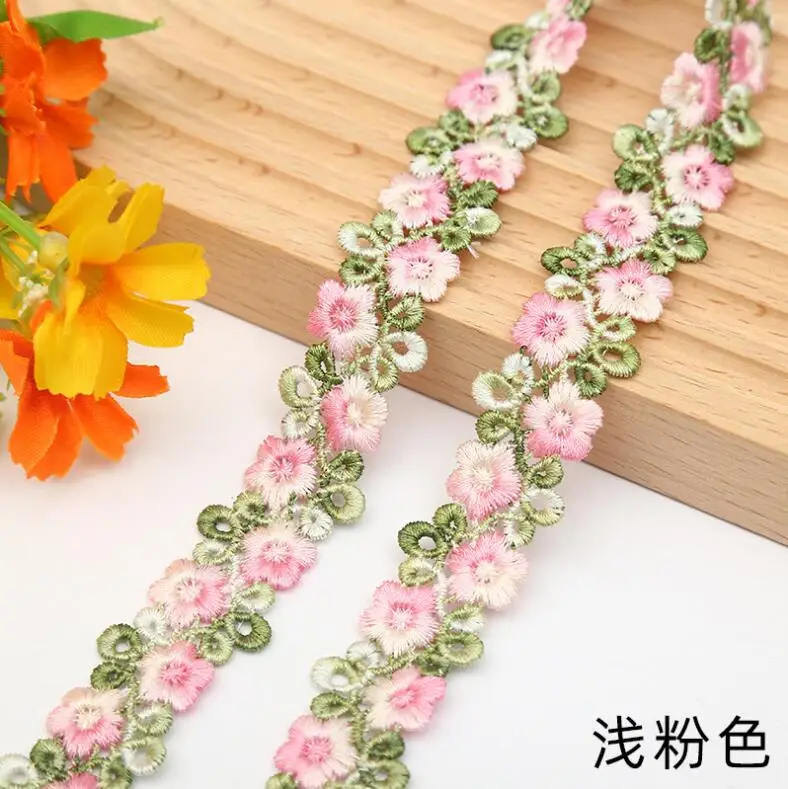 Description Picture 5 of item2 Yards Pink Green Lace Trim Craft Flower Polyester Lace Fabric Venise Floral Embroidered Applique Decorated Lace Ribbon 2CM