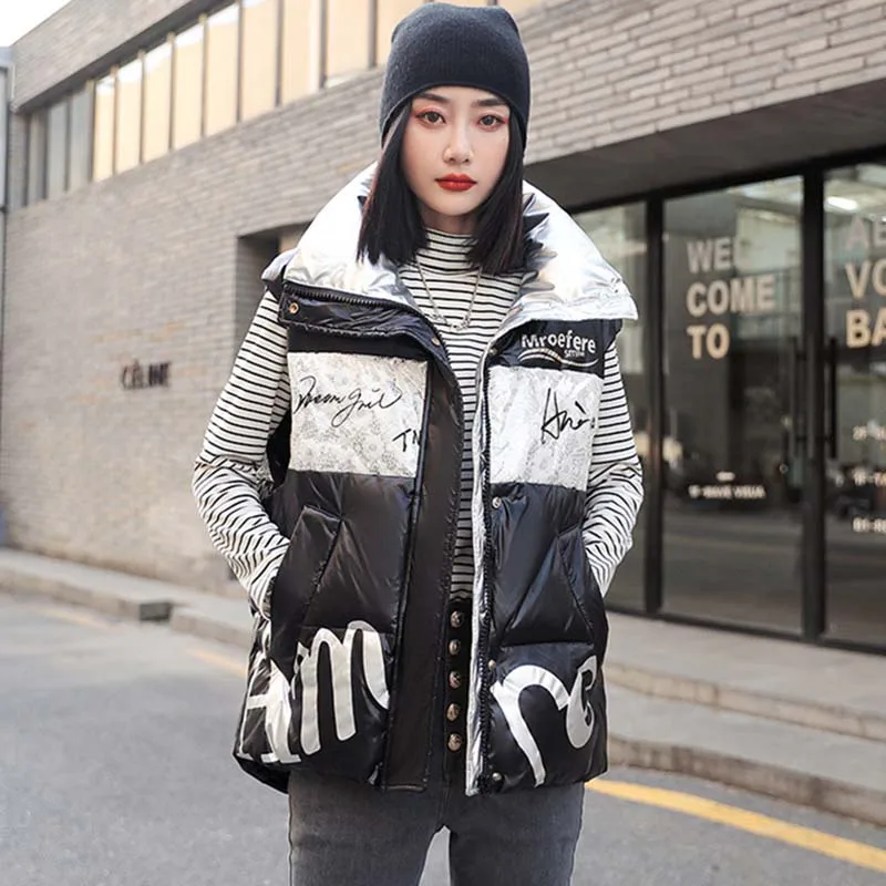 2023 Down Vest Jacket Women Autumn Winter Patchwork Letter Print Stand Collar White Duck Down Waistcoat Lady Outerwear Tank Tops
