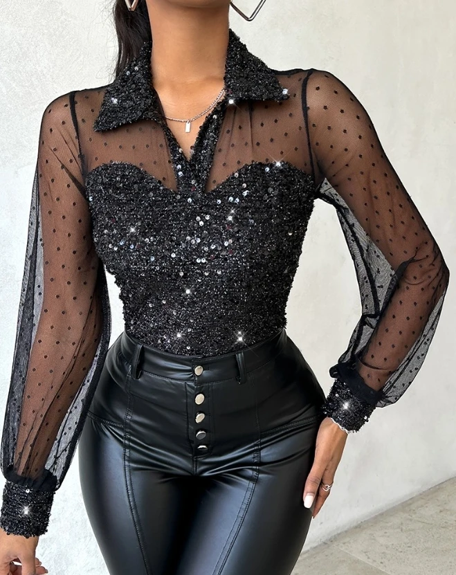 Dot Thin Gauze Mesh Frame Sequin Top New Hot Selling Fashion Casual Transparent Sleeve Mesh Fabric Long Sleeved T-Shirt Lapel long sequin gloves vintage 1920s opera flapper evening gloves womens shiny lace mesh long gloves elbow length finger mittens