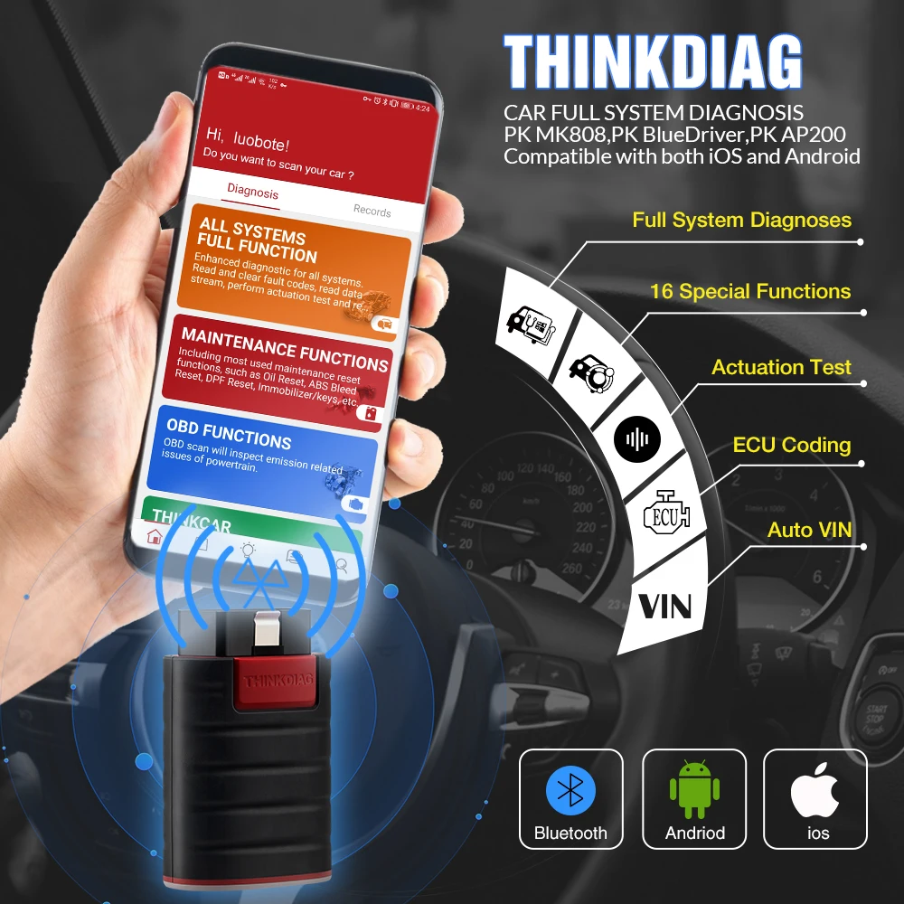 THINKCAR Thinkdiag OBD2 Scanner Full software 2 years free full system Bluetooth 16 reset service Code Reader