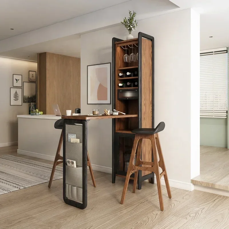 Pub Style Table Wine Storage Wooden Bar Counter Foldable Bar Table Cabinet