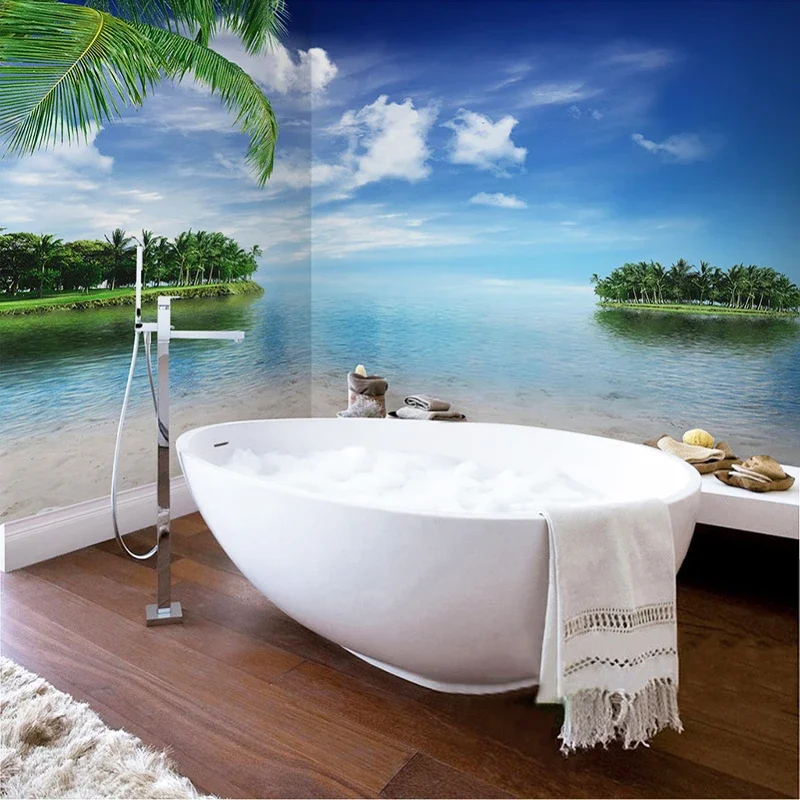 

Custom Self-adhesive Bathroom Mural Wallpaper Sticker Blue Sky Beach Seascape 3D Wall Murals PVC Thick Waterproof Vinyl Frescoes