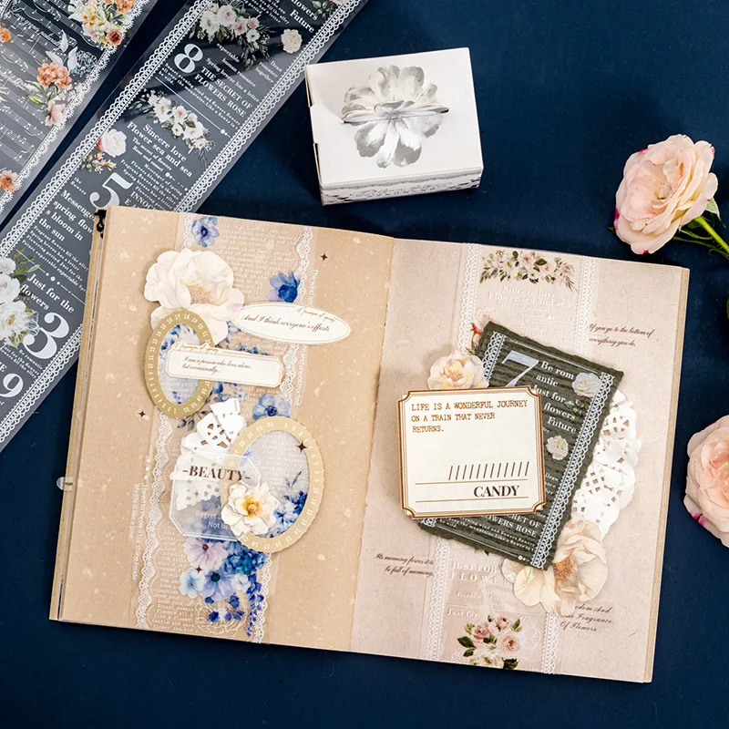 Pet 테이프 6 가지 스타일, 각 200cm DIY 수제 콜라주 장식 재료 테이프 스티커, 영어 투명 레이스 플라워 테이프