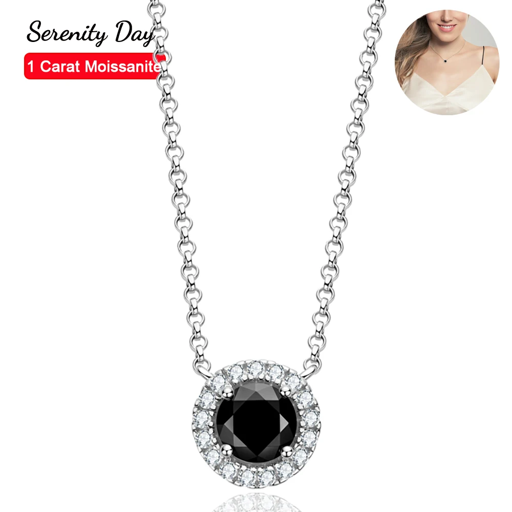 

Serenity Day 100% S925 Sterling Silver Plate Pt950 Chain Fine Jewelry Real 6.5mm Black Moissanite Bright Necklace for Women Gift