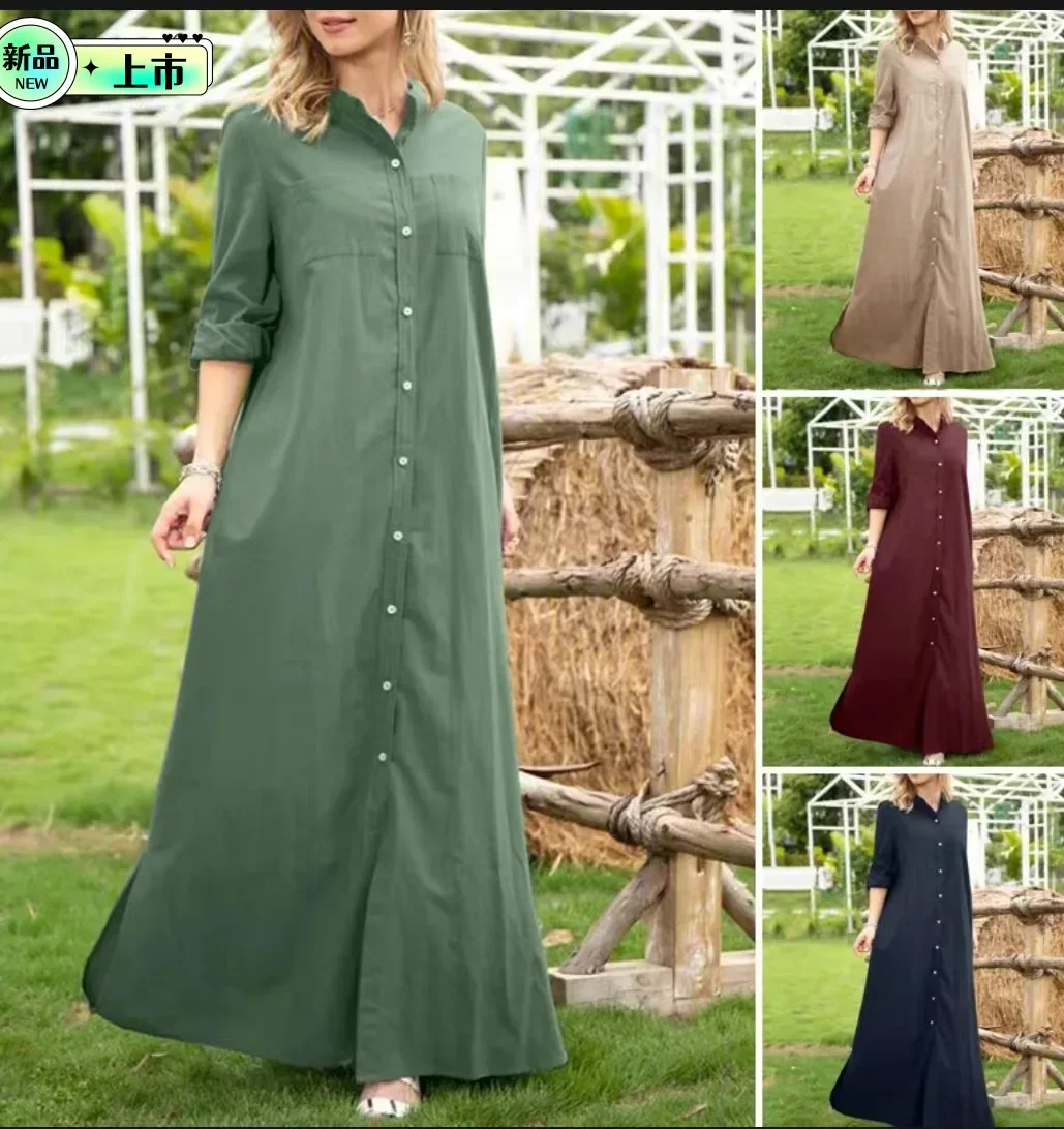 

Женское однобортное платье-макси с длинным рукавом и воротником-стойкой