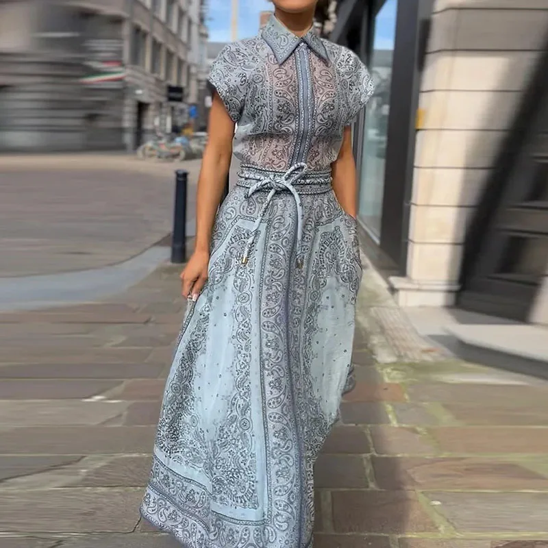 

Женский комплект из двух предметов, блузка на пуговицах с отложным воротником и длинная юбка с принтом, летний пляжный костюм с коротким рукавом