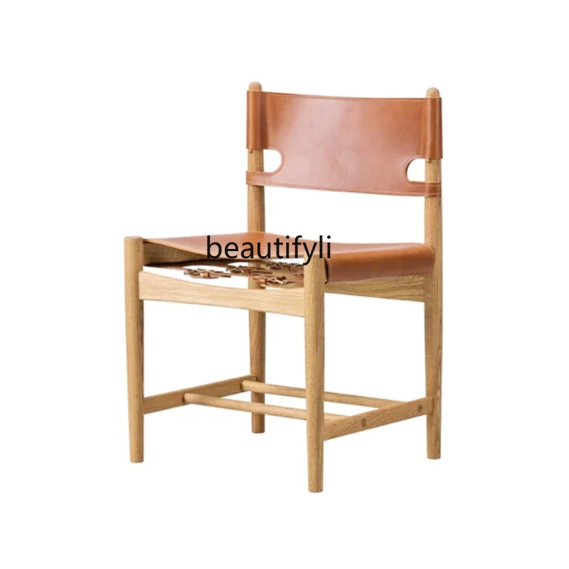 

Quiet Style Solid Wood Dining Chair Mid-Ancient Saddle Leather Backrest Small Apartment Dining Chair Spanish Dining Chair