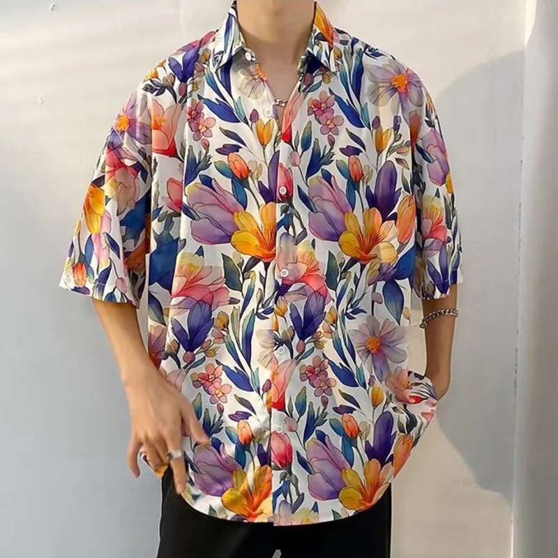 Summer Men Loose Shirt Tulip Floral Printed Blouses For Male Short Sleeve Shirts Top Vacation Clothes Fashion Streetwear
