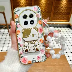 Elegant Rose Gradient Phone Case Set with Lanyard and Rabbit Stand for Realme 14 Pro (WHITE)